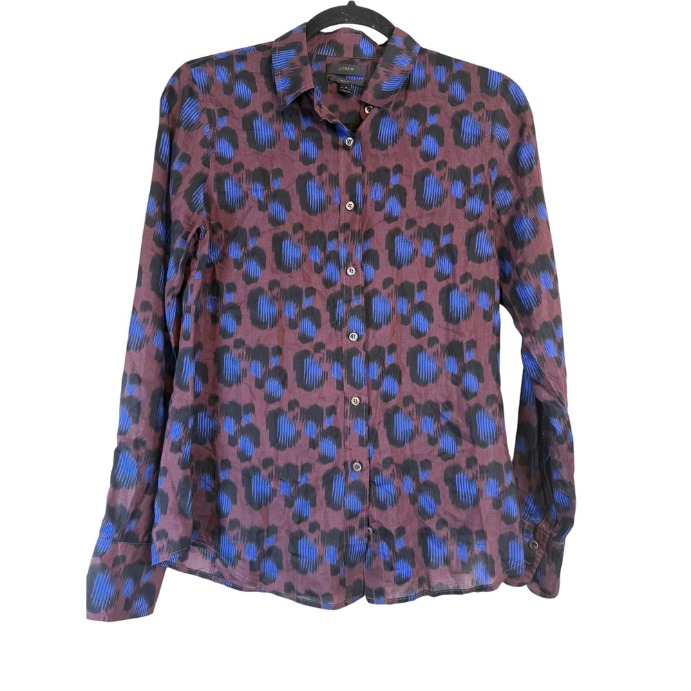 J.Crew Perfect Shirt Womens 4 Burgundy Blue Abstract Leopard Long Sleeve Top